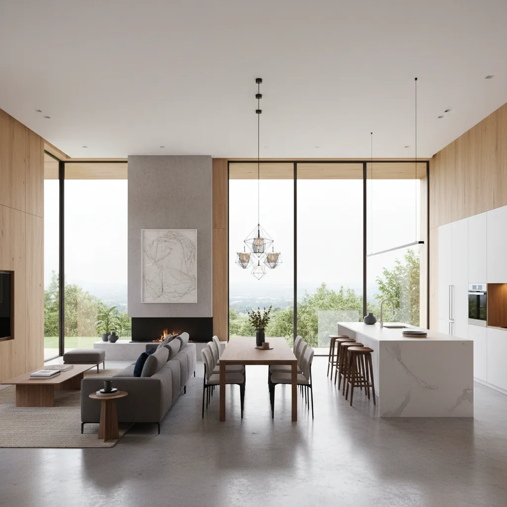 Render 3D interior de una casa moderna de 150 metros cuadrados