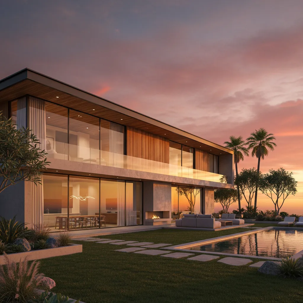 Modern two story house with large glass walls swimming pool green lawn and sunset sky