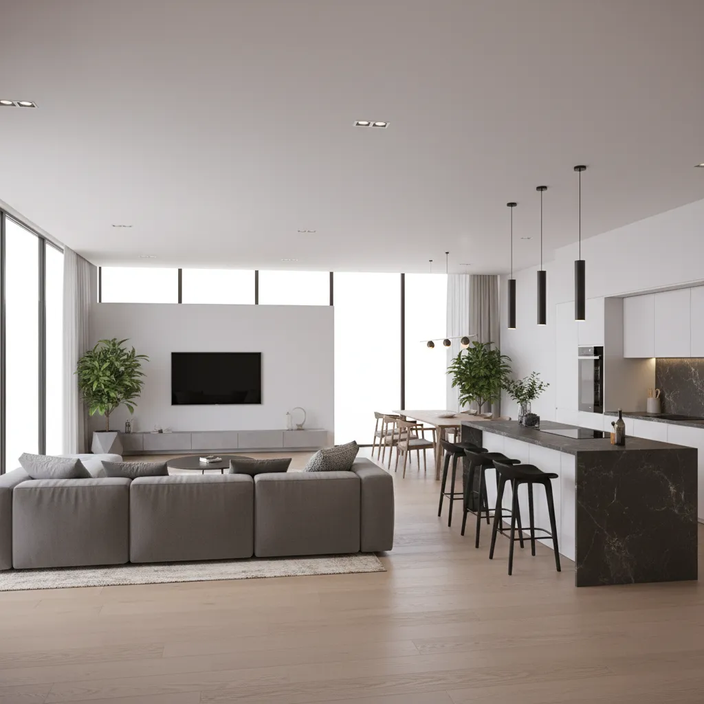 Open plan living room with grey sofa marble kitchen island black stools and large windows