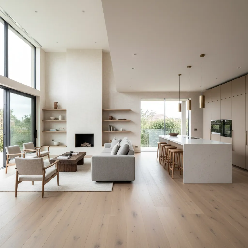 Modern open plan living room interior design drawing with grey sofa wood floor and kitchen