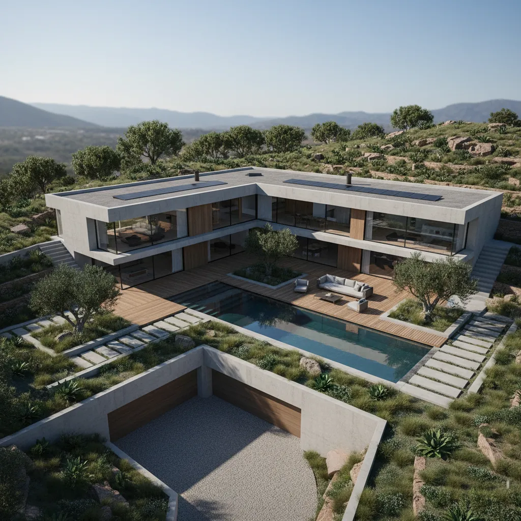 Render 3D de una casa moderna en forma de L vista desde arriba