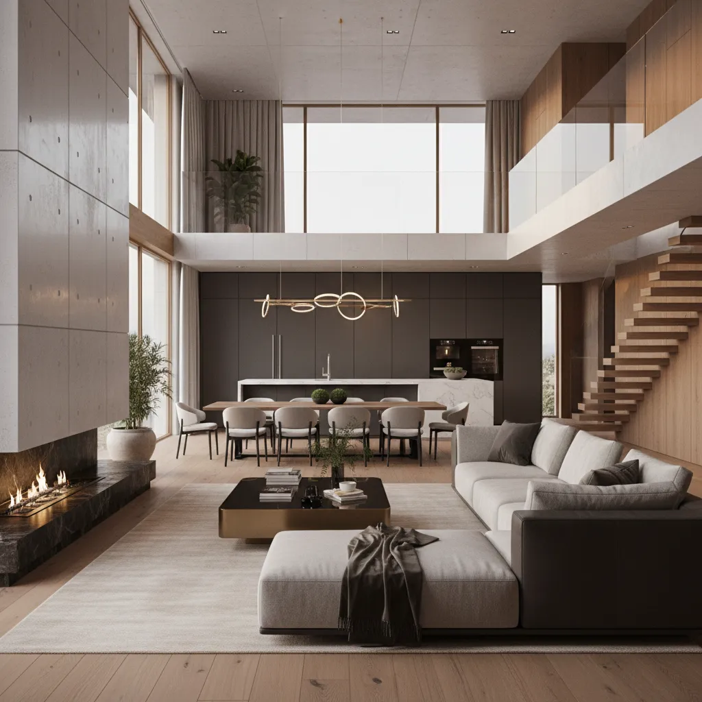 Open plan living room with grey sofa dining table kitchen island wooden stairs and windows