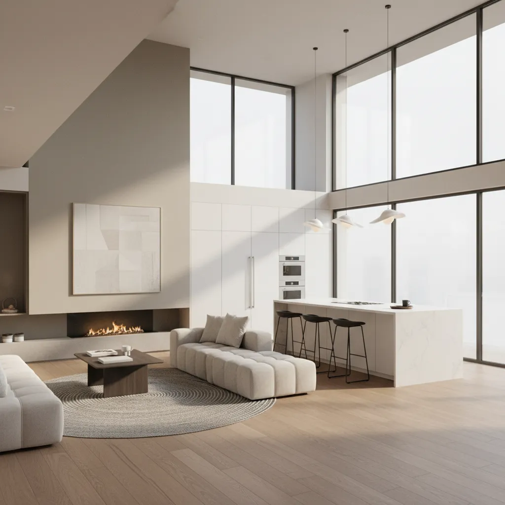 Render 3D de una casa moderna con salón abierto y cocina integrada
