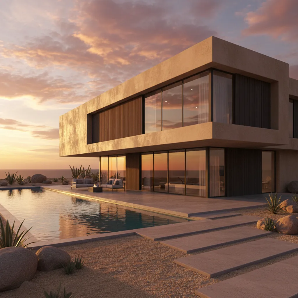 Modern two story house with glass walls next to a swimming pool under sunset sky