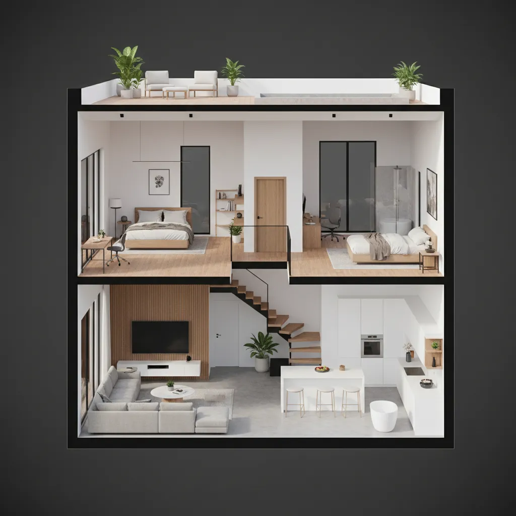 Render 3D de una casa pequeña mostrando distribución interior moderna