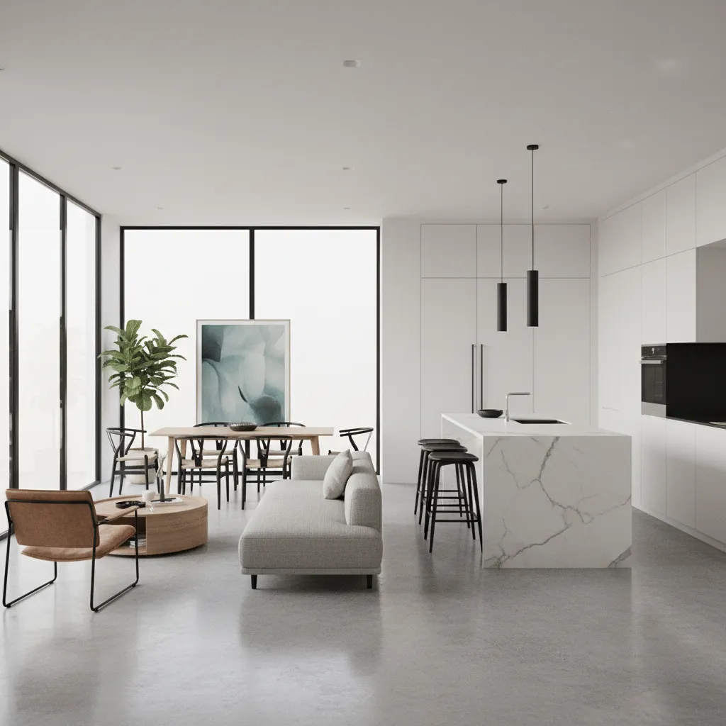 Render 3D de una casa pequeña moderna con distribución abierta