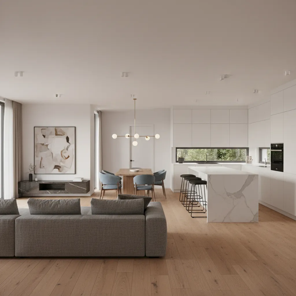 Render 3D de interior de una casa pequeña mostrando distribución abierta