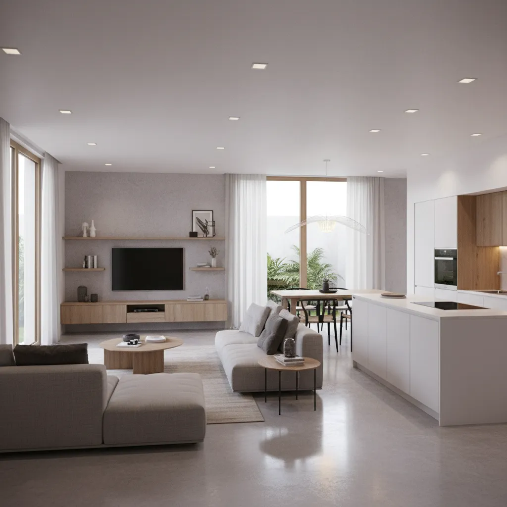 Render 3D de interior de casa pequeña moderna