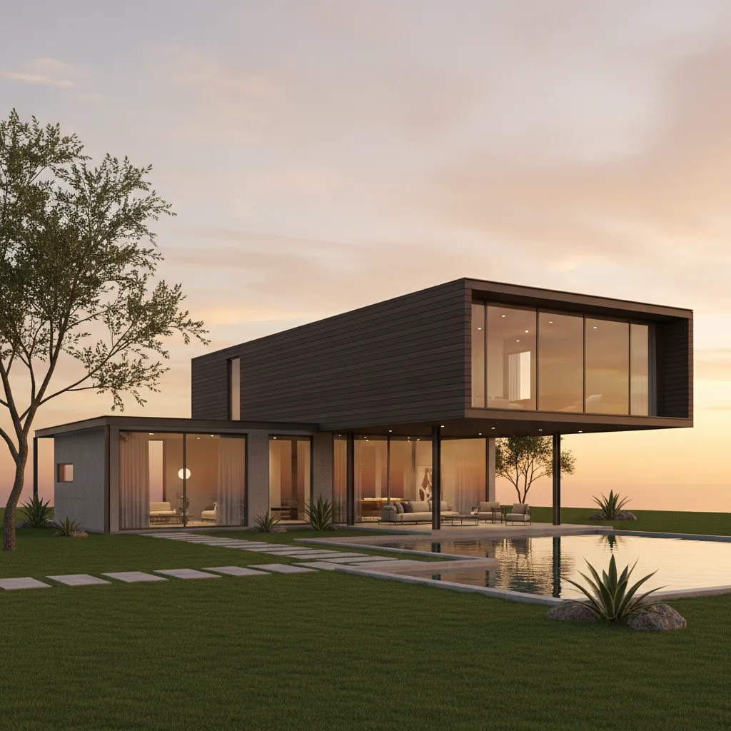 Render 3D realista de una casa prefabricada moderna