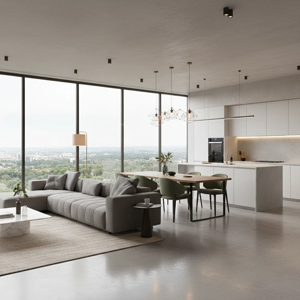 Modern living room with grey sofa dining table white kitchen island and large city windows