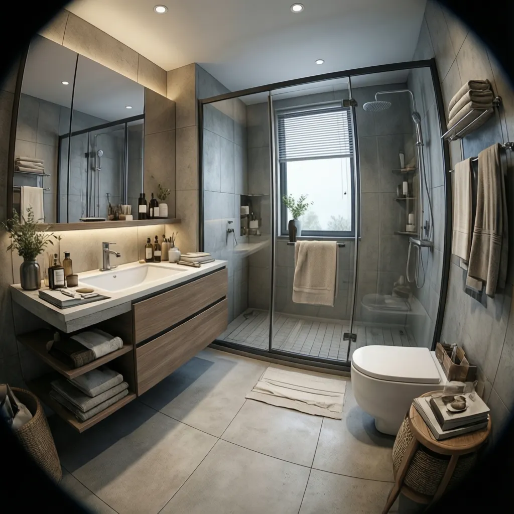 Gray tiled bathroom with wooden cabinet glass shower door white toilet and soft warm lighting