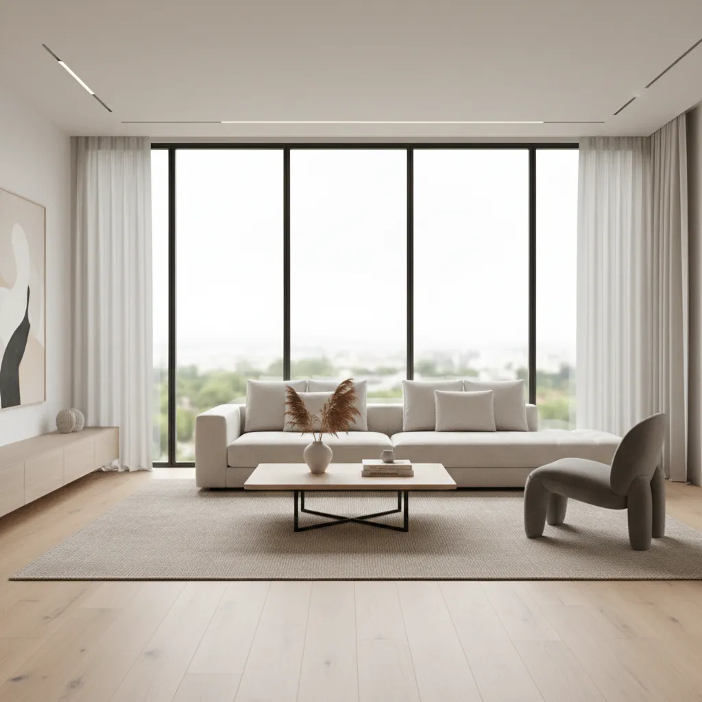 Modern minimalist living room interior design drawing with large windows white sofa and wood flooring