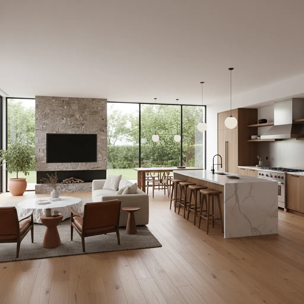 render 3D realista de interior de una casa moderna