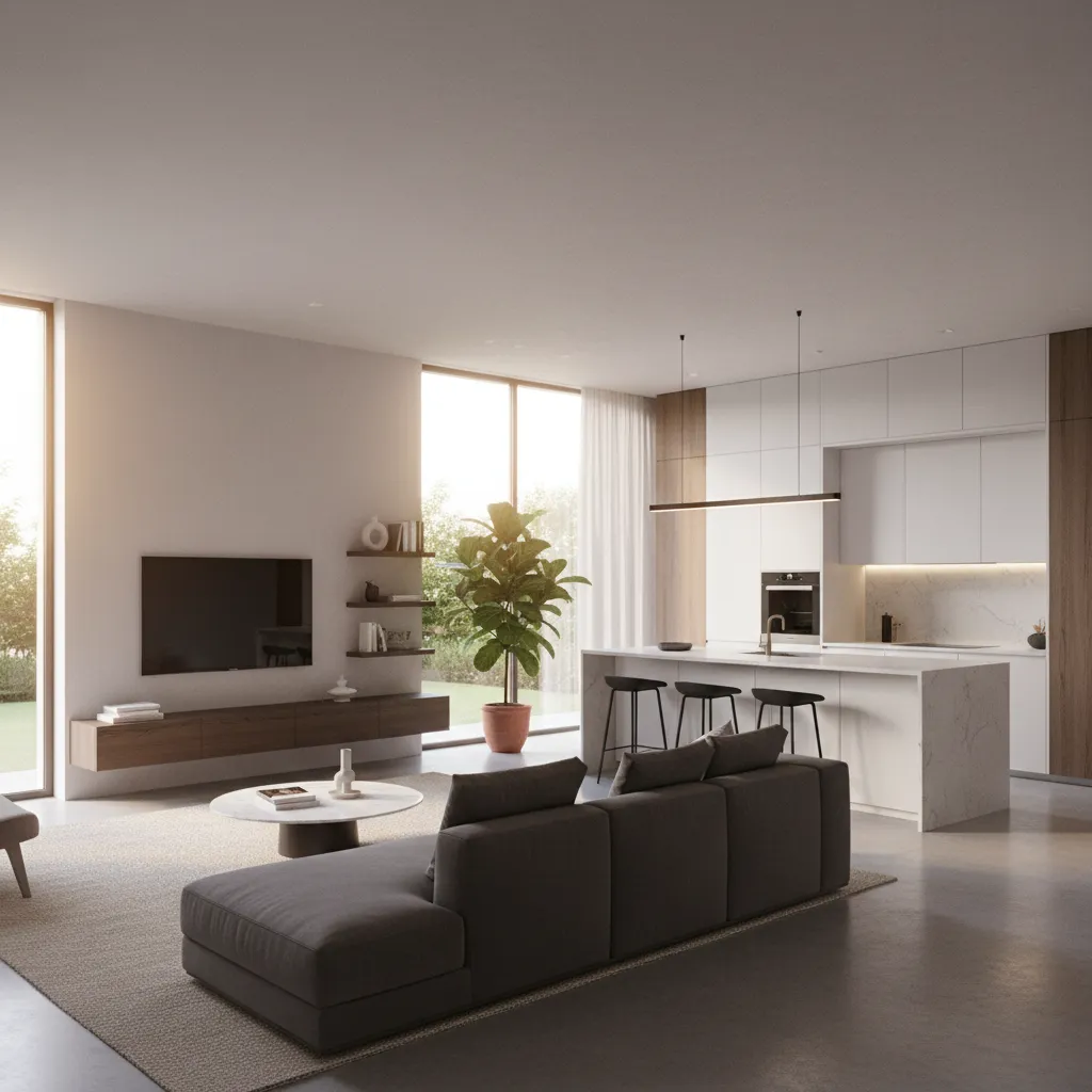 Render 3D realista de interior de casa moderna en fase de diseño