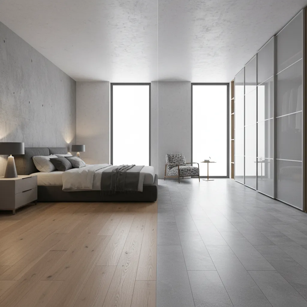 Render 3D de un dormitorio mostrando diferentes opciones de piso