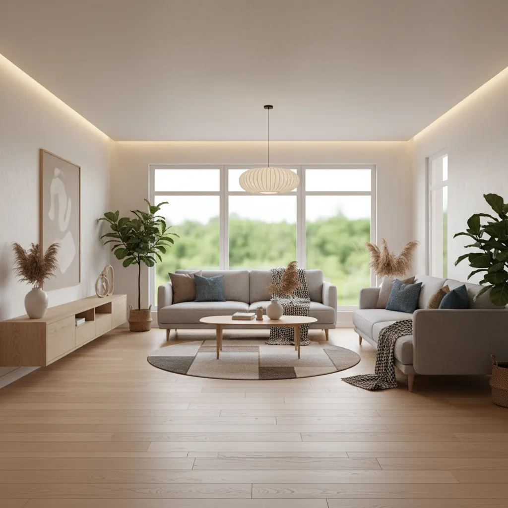 Render 3D realista de un salón moderno antes de realizar la decoración