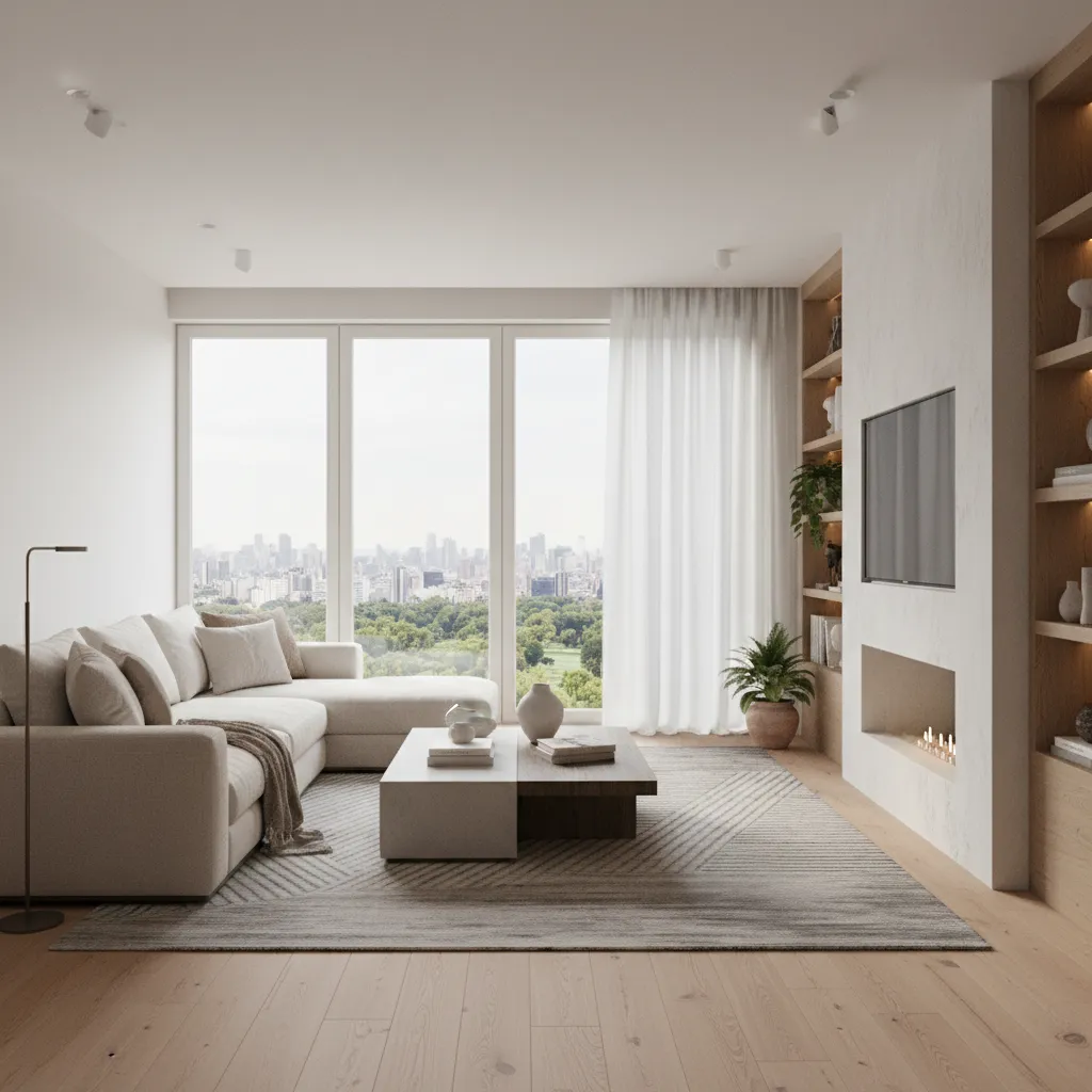 Render 3D realista de salón moderno antes de una reforma interior