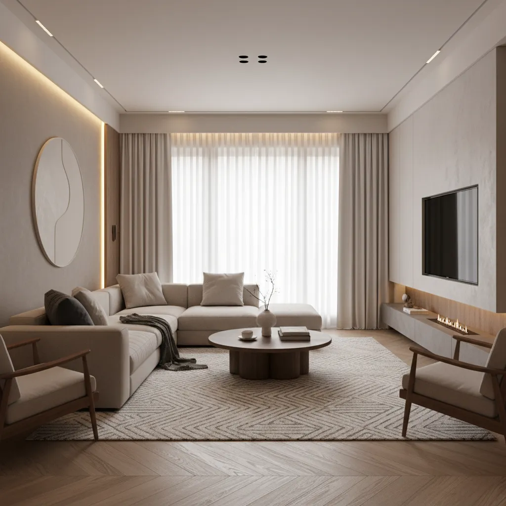 Render 3D realista de sala moderna con sofá, iluminación y decoración