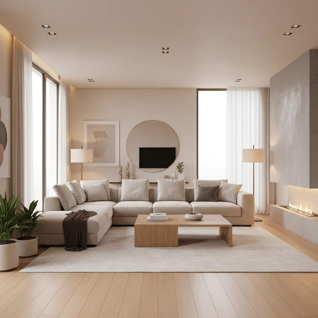 Render 3D realista de un salón moderno utilizado en presentación de diseño
