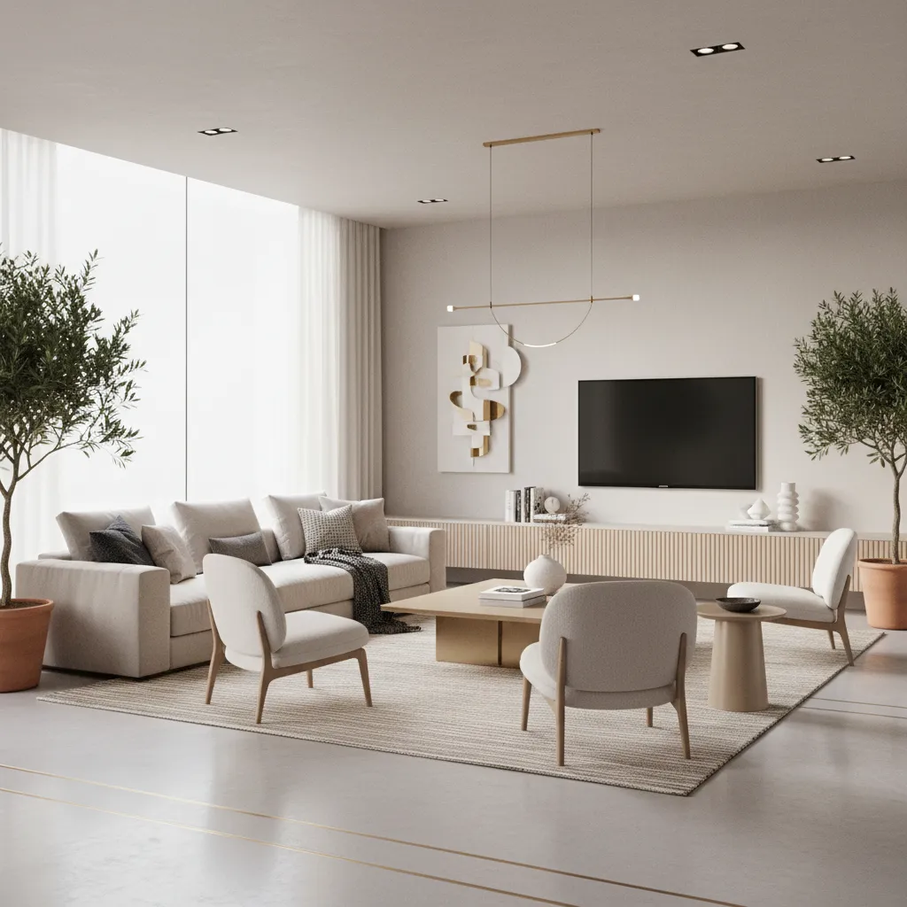 Minimalist living room featuring cream sofa white chairs wooden coffee table wall television and plants