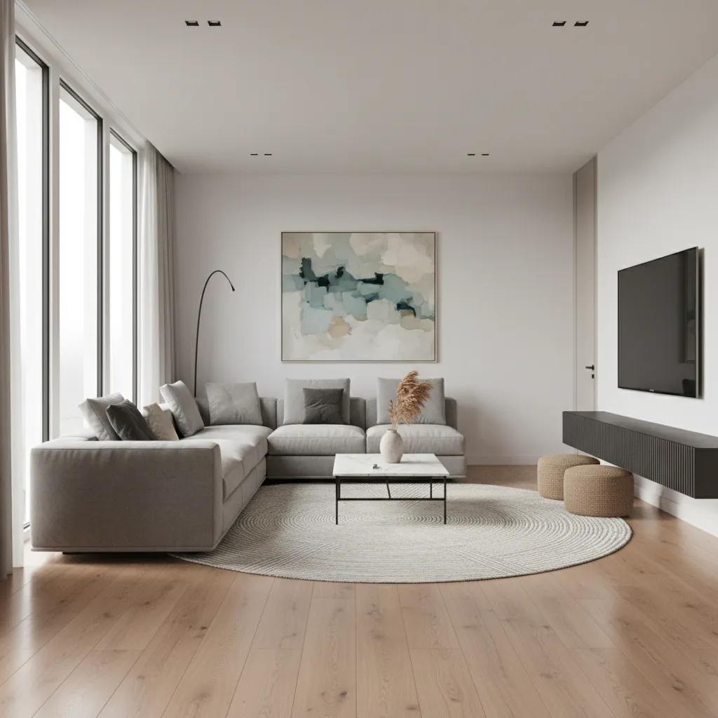 Render 3D realista de una sala moderna antes de la reforma