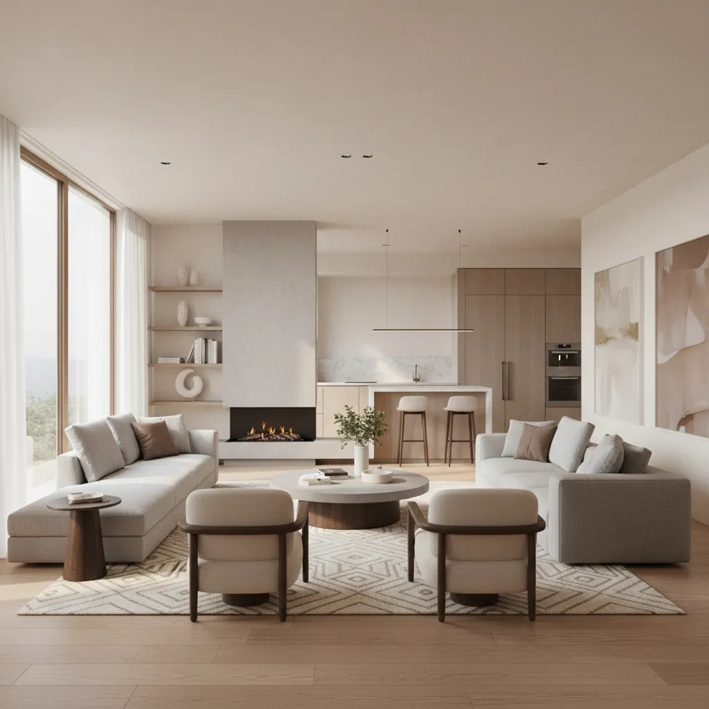 Render 3D realista de un salón moderno antes de la construcción