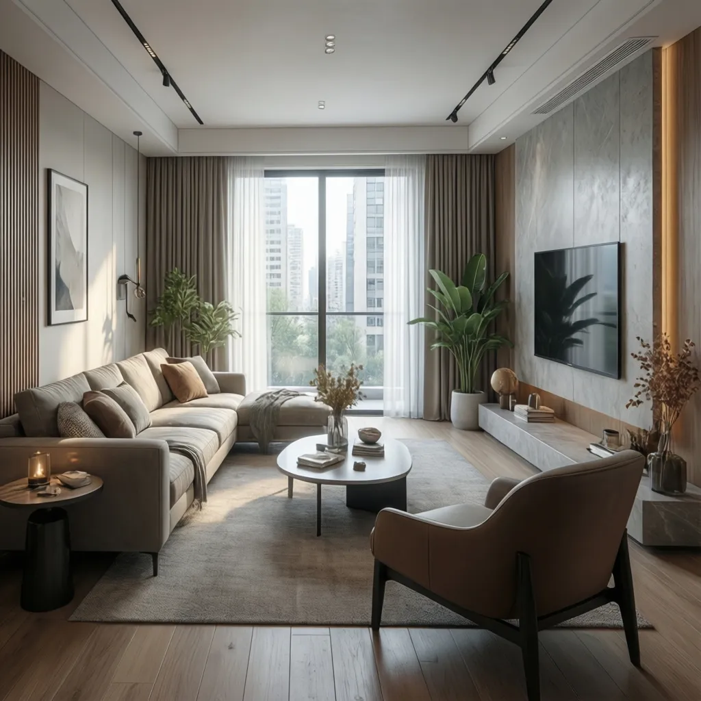 Render 3D de interior mostrando diseño de salón antes de la reforma