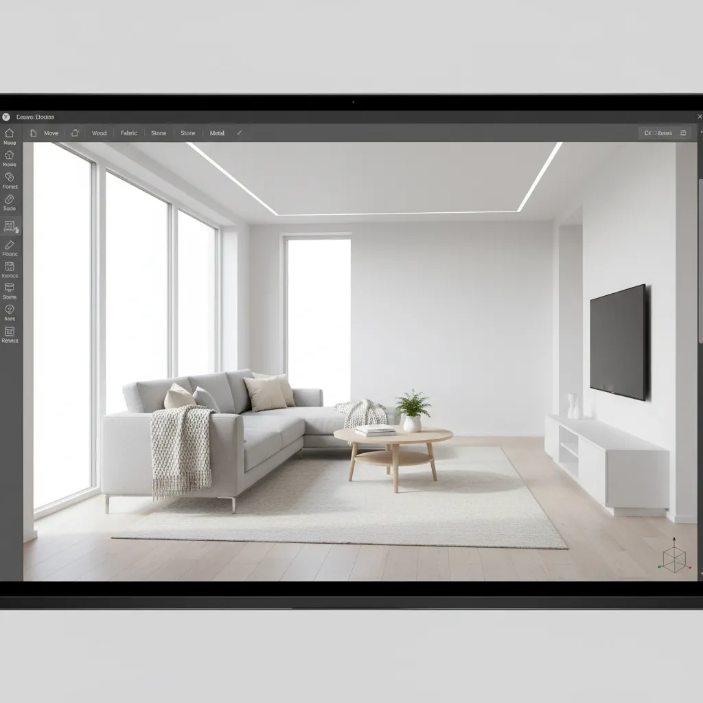 Interior design drawing software showing a modern living room with grey sofa and white cabinet