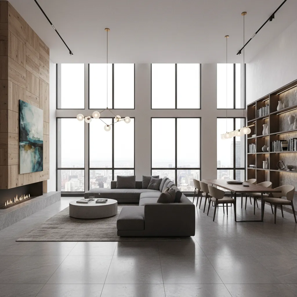Modern living room with grey sofa dining table tall windows wood wall panel ceiling light