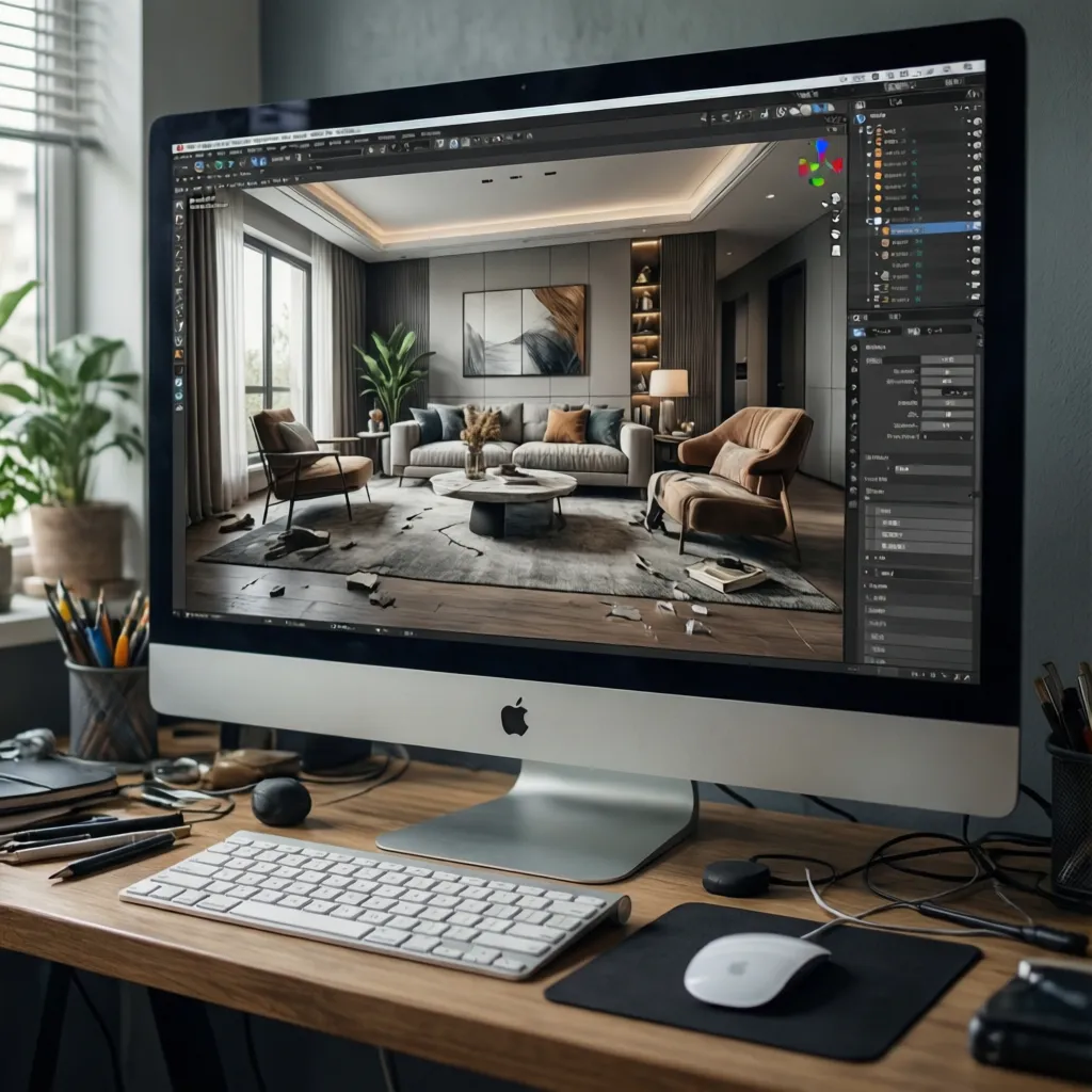 Pantalla de ordenador mostrando un modelo 3D de un salón diseñado digitalmente