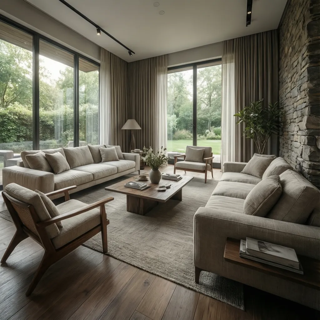 Render 3D realista de un salón diseñado digitalmente