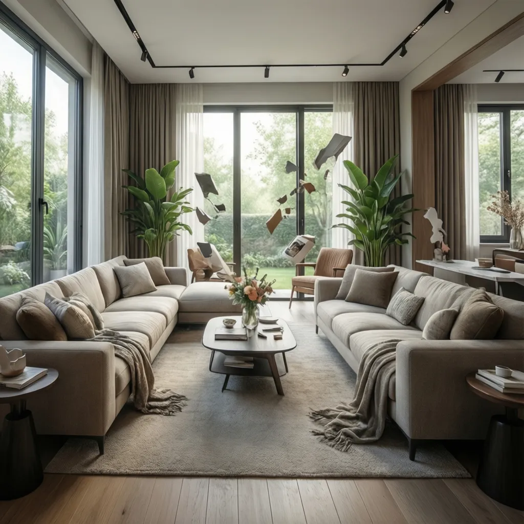 Modern living room interior design drawing featuring beige sofas coffee table green plants and windows
