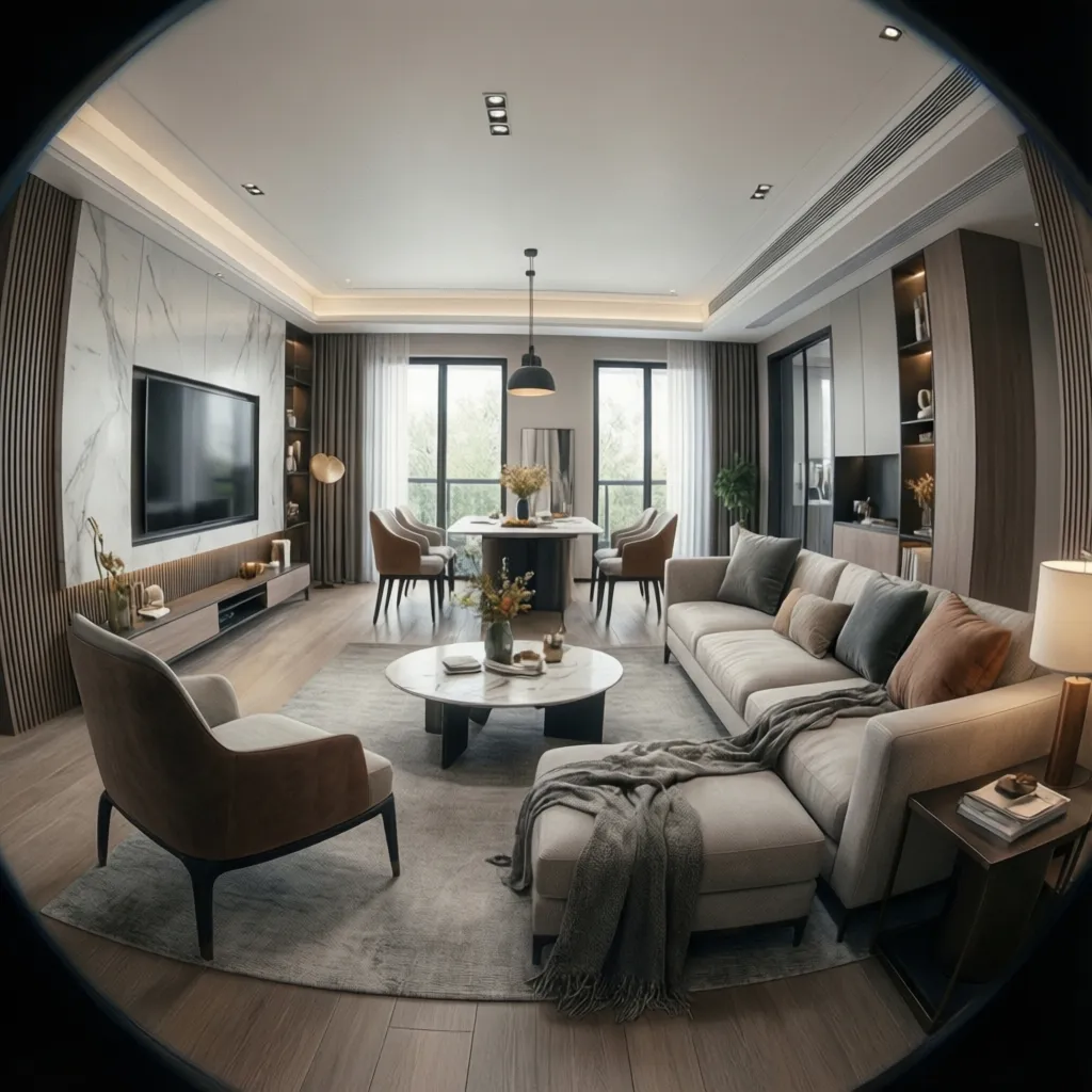 Modern living room with grey sofa marble wall wooden floor ceiling light and dining table