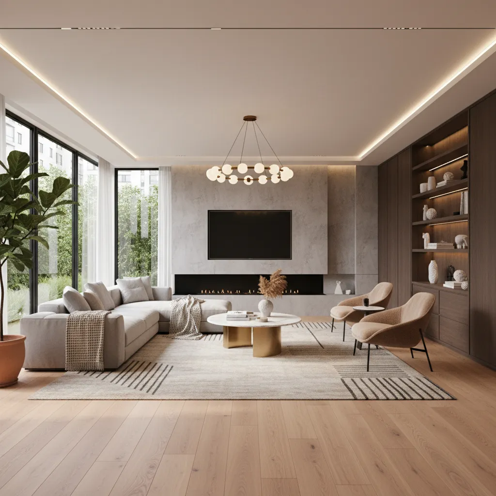 Modern living room with grey sofa, marble coffee table, fireplace, ceiling light, and dark cabinets