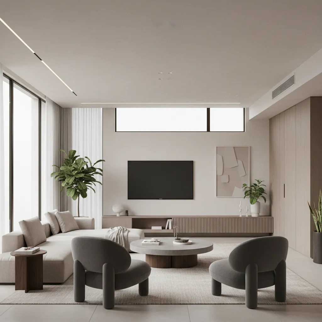 Render 3D realista de diseño interior de salón moderno