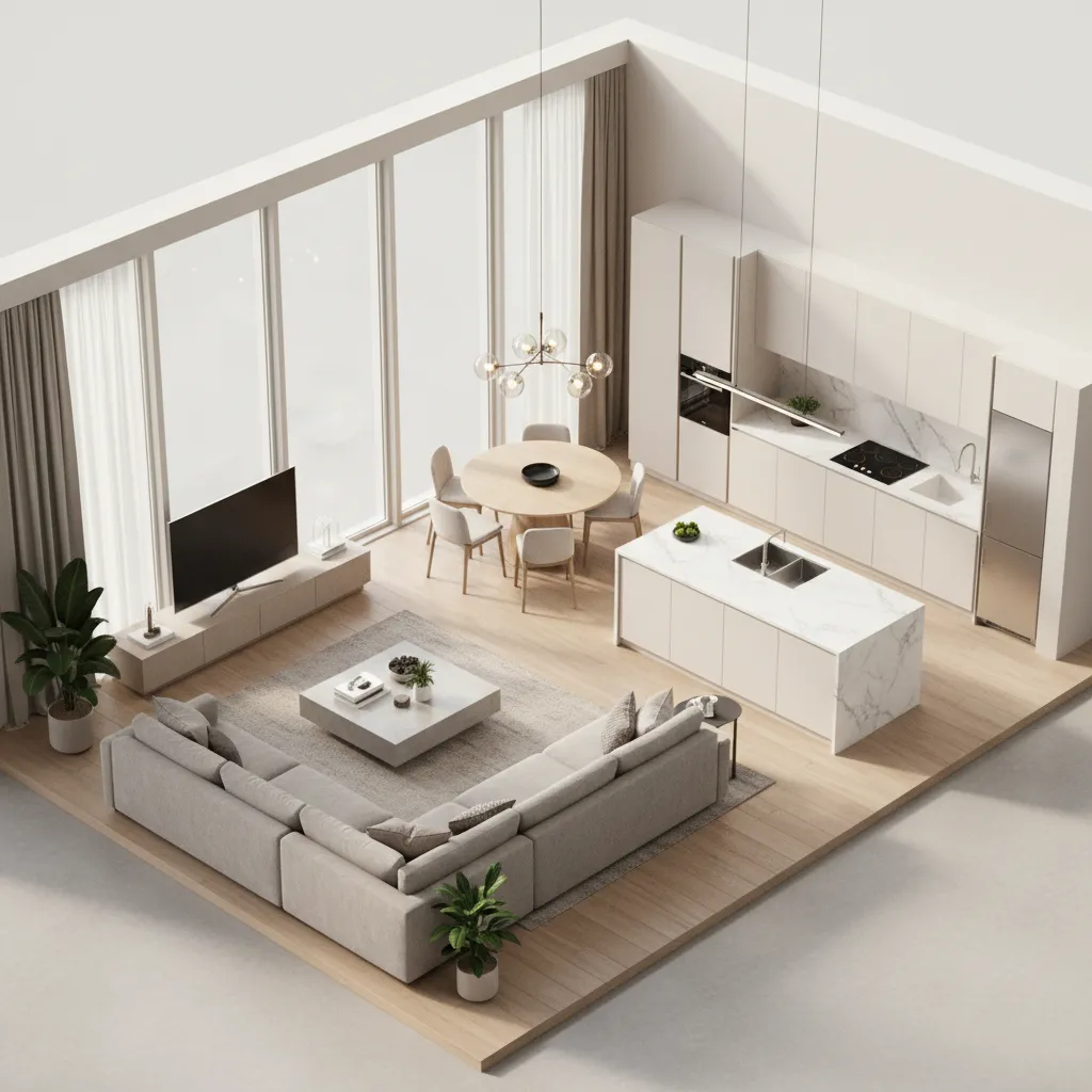 Render 3D de la distribución interior de un departamento moderno