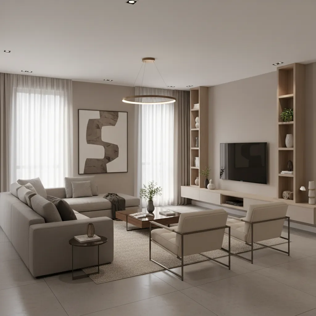 Render 3D realista de un diseño de salón antes de la decoración real