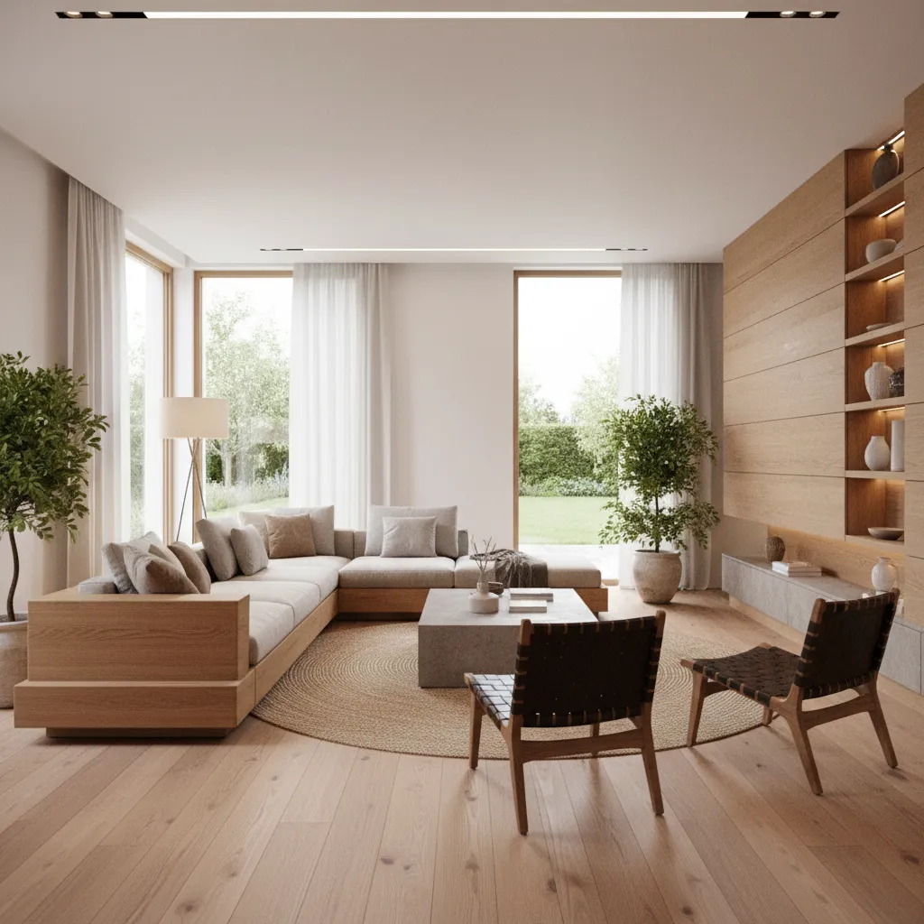 Render 3D realista de un salón diseñado a partir de planos técnicos