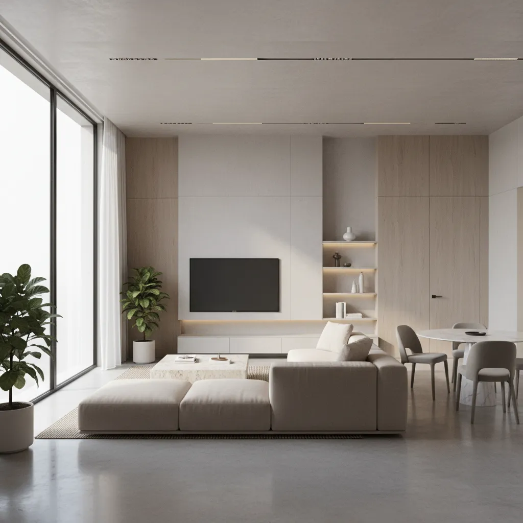 Render 3D de diseño interior mostrando planificación del espacio