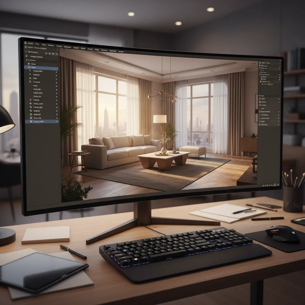 Curved monitor displaying interior design drawing of a living room with sofa and sunny windows
