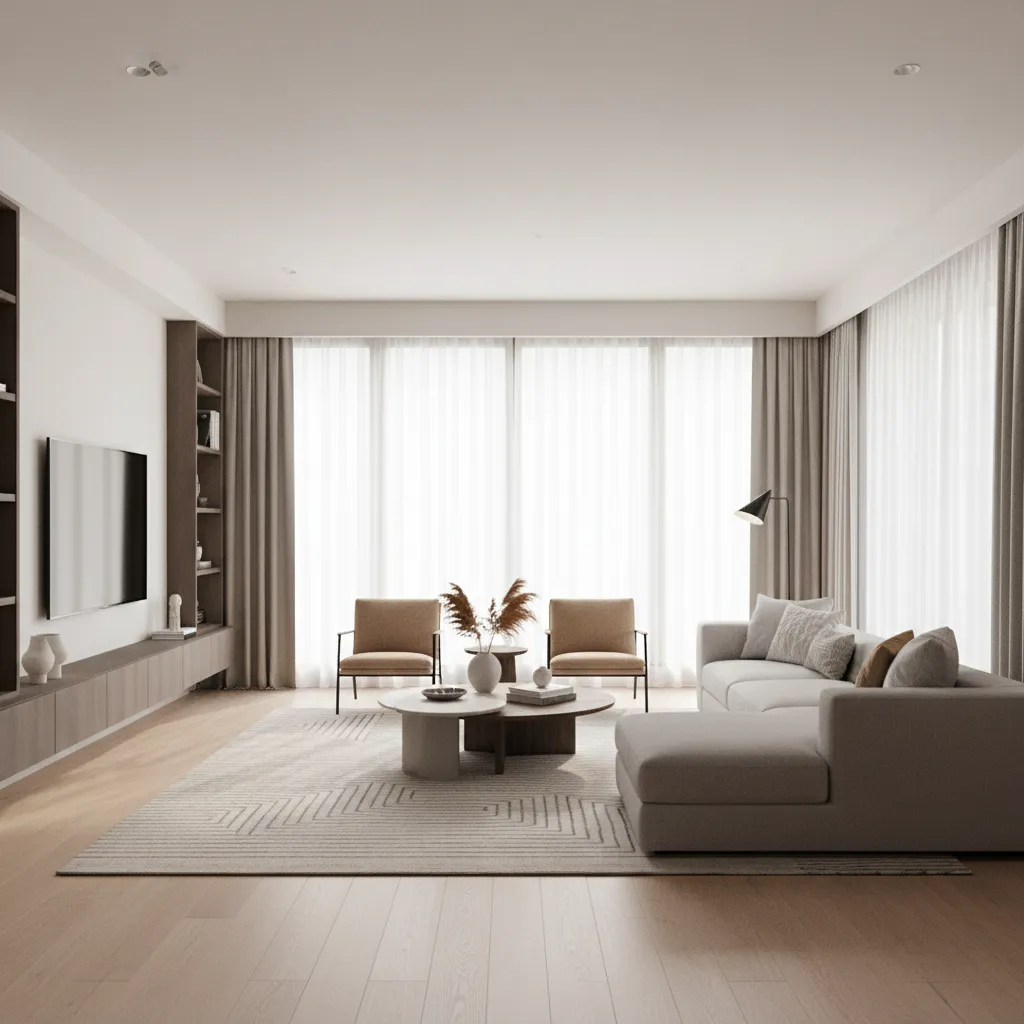 Modern living room with grey sofa wooden floor large window white curtains and wall television