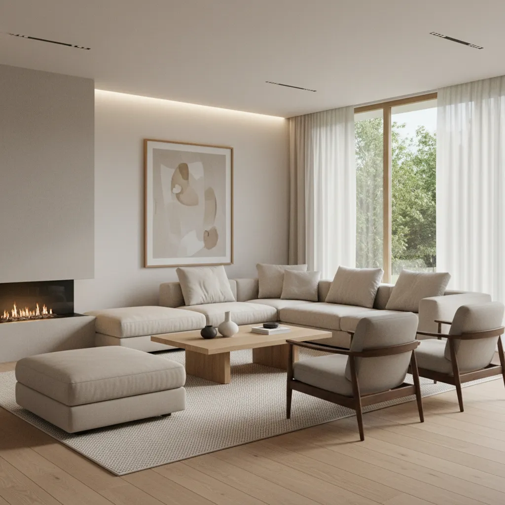 Modern living room interior design drawing with beige sofa wooden coffee table footrest and fireplace