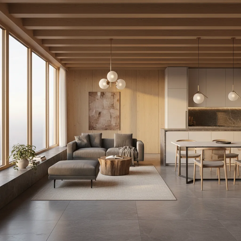 Open plan room with wooden ceiling grey sofa footrest globe ceiling lights and white cabinets