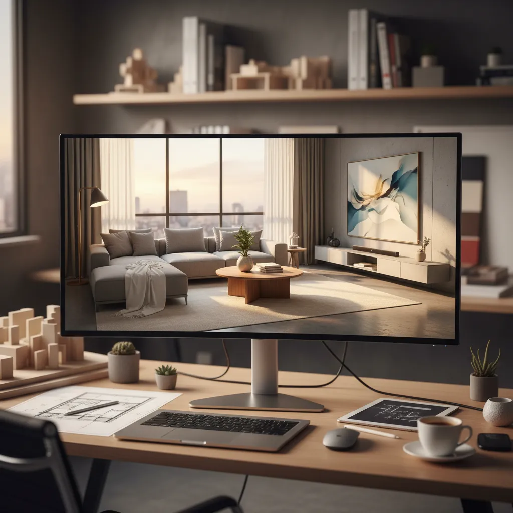 Render 3D de un salón moderno en proceso de diseño