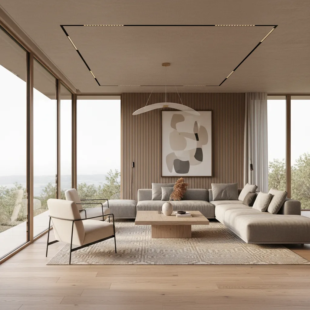 Render 3D realista de un salón moderno utilizado para presentar un proyecto de interiorismo