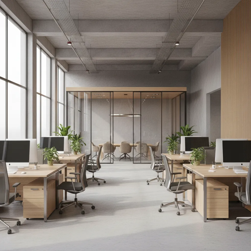 Open office interior design drawing showing desks with computers chairs plants and glass meeting room