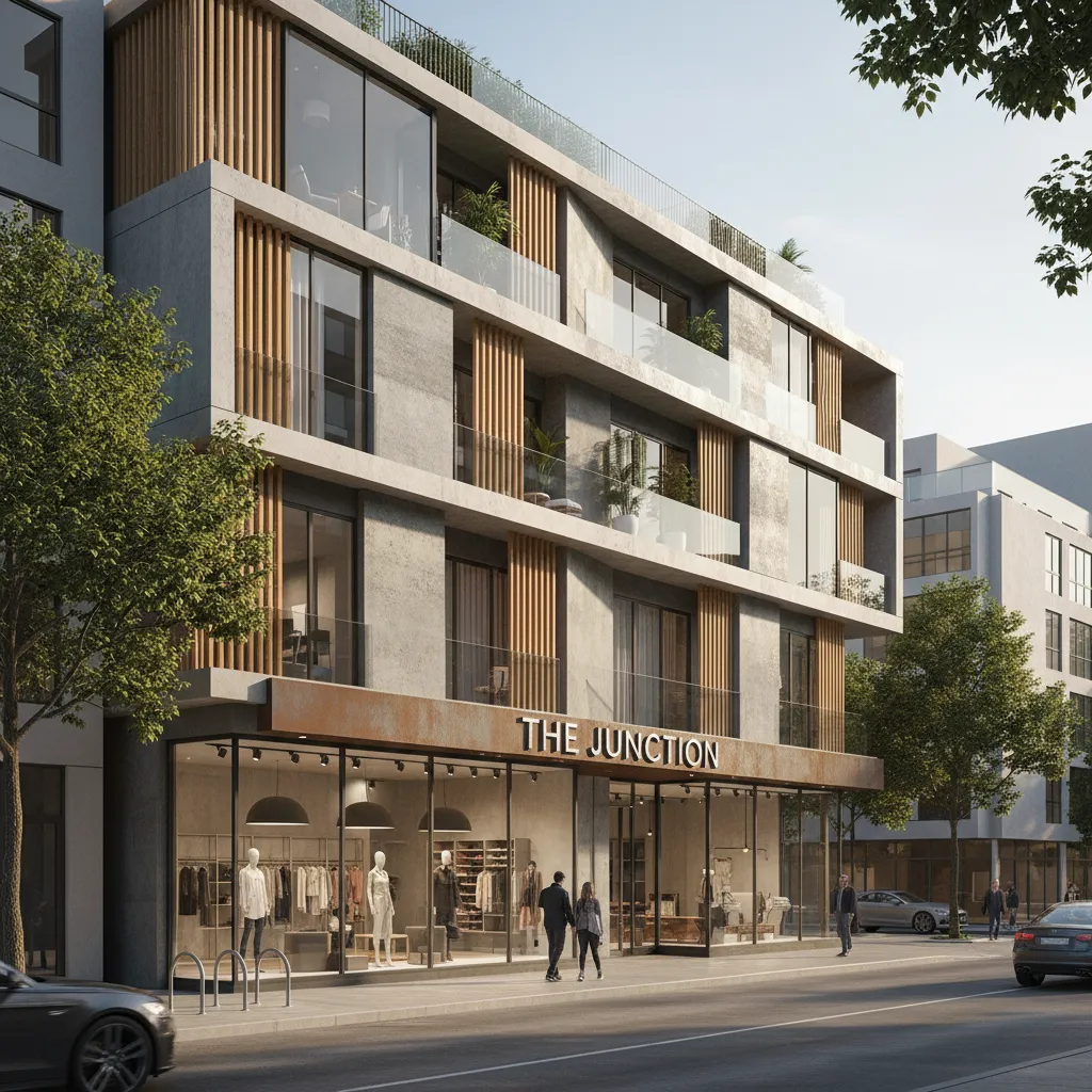 Render 3D de edificio con local comercial abajo y vivienda arriba