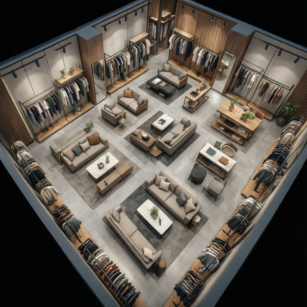 Render 3D de un local comercial mostrando distribución interior