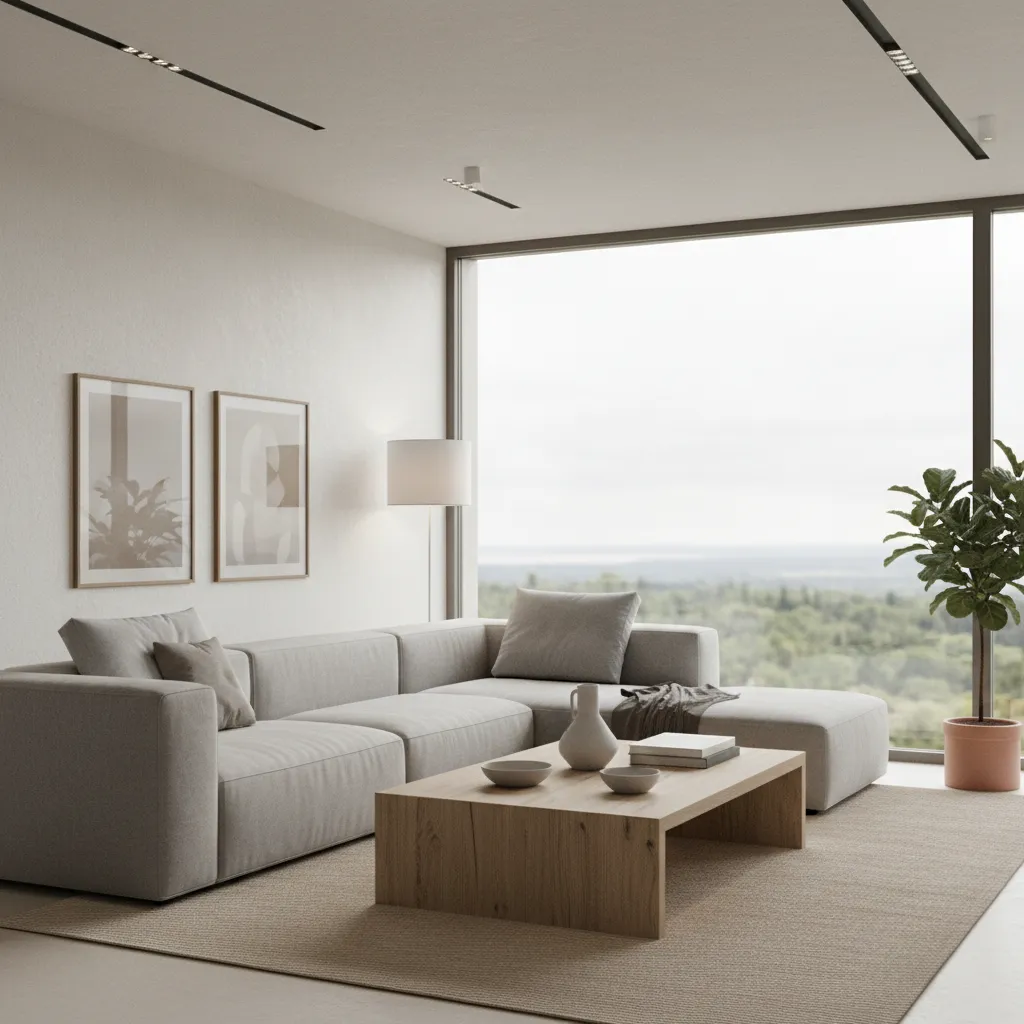 Renderizado 3D realista de un salón moderno