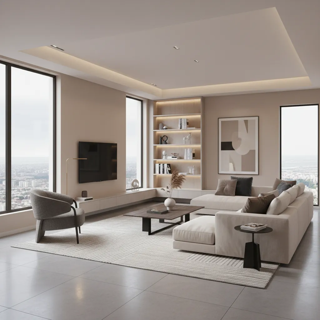 Spacious living room interior design drawing with cream sofa coffee table city view and bookshelves